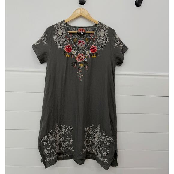 Johnny Was Tops - Women’s Johnny Was Assa Linen Draped Tunic Gray Embroidered Floral Small S